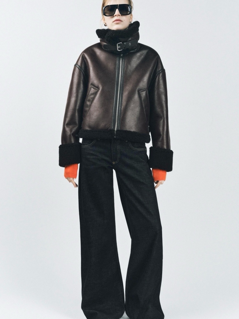 Women’s Dark Brown Shearling-Trim Leather Jacket - Brand